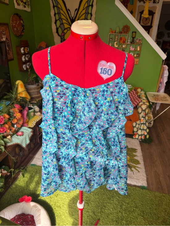 Tops - Vintage Y2K Women’s Blue Floral Ruffled Spaghetti Strap Top
